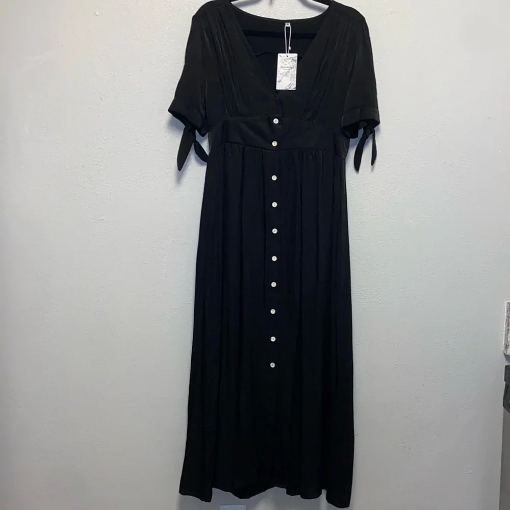 Surimiga Black Plunging V-neck Button-down Cottagecore Button Maxi Dress 3270 - Picture 2 of 12